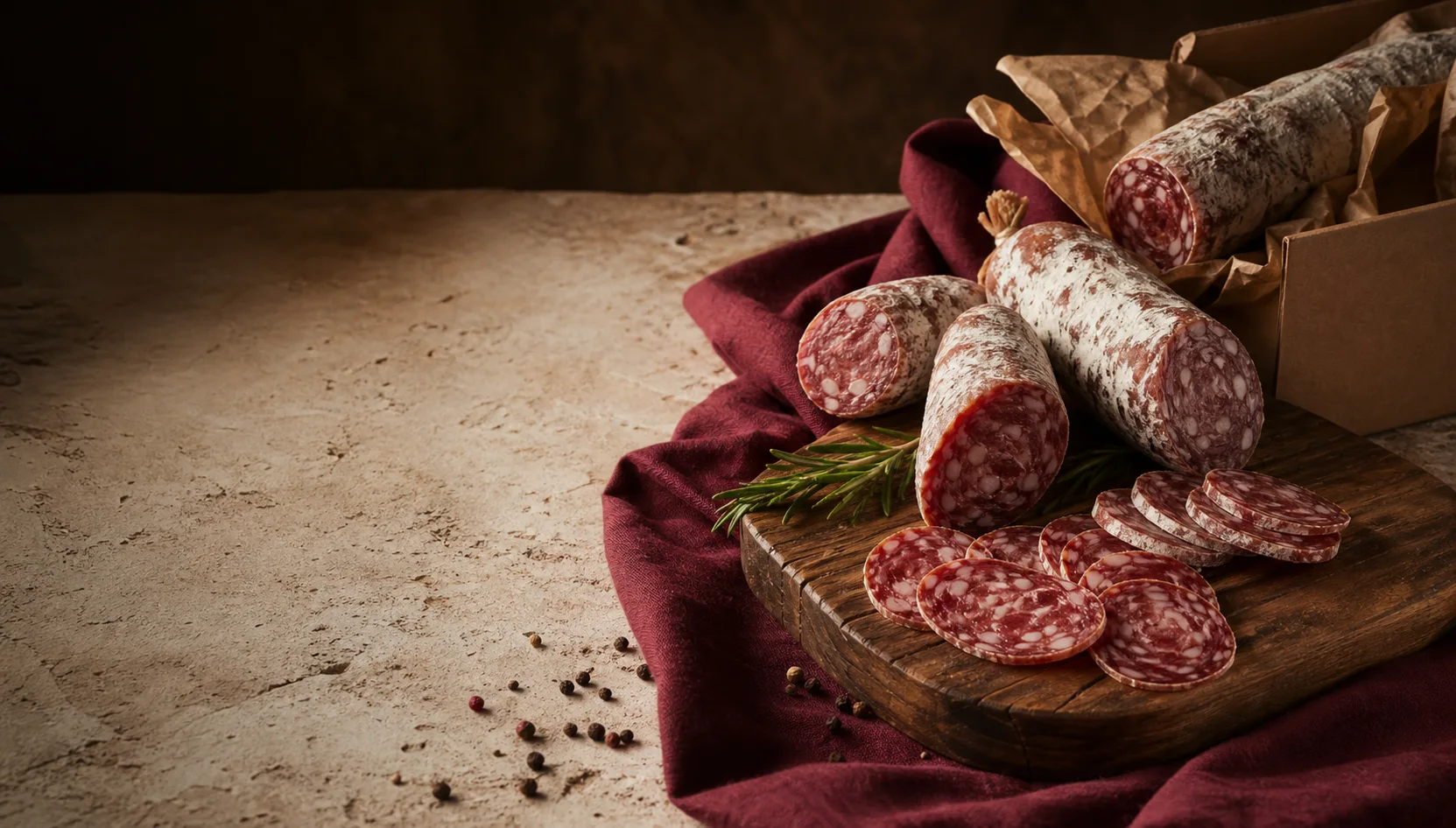 Whole and sliced artisan salami on a wooden board